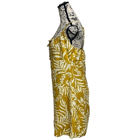 BEBOP Yellow Floral Linen Mini Dress – Hawaiian Boho Coastal Milkmaid Sundress L - Picture 4 of 10